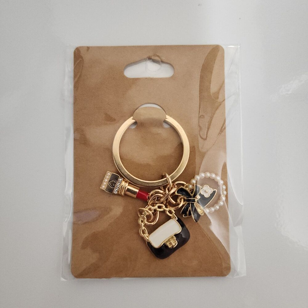 Chic Gold Fashion Charm Keychain Lipstick Purse Bow Pearls - Picture 4 of 5